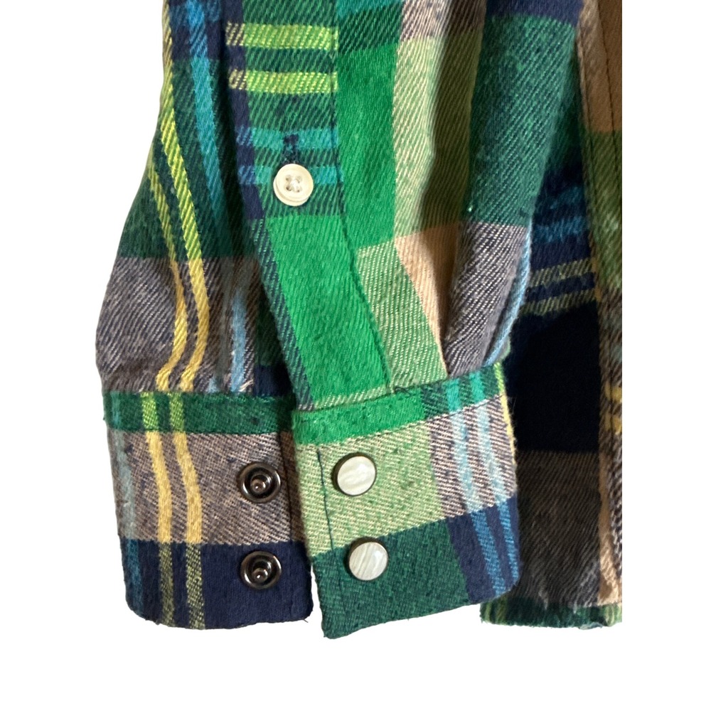 PASHARTUK Mens Large Plaid Long Sleeve Snap Front Western Shirt Green Blue Tan - Picture 5 of 10